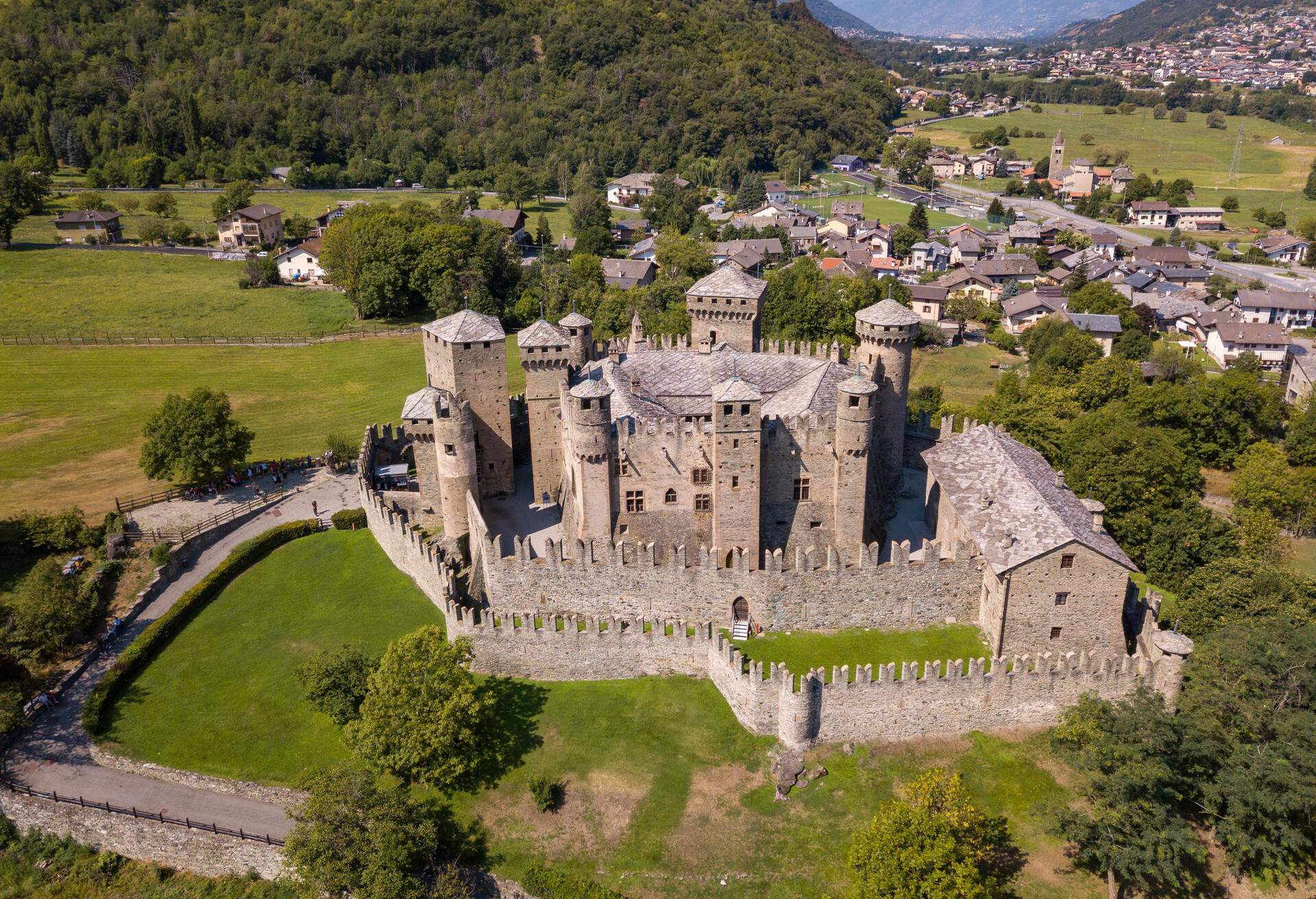 Aerial View of the Castle of Fenis, Valle d'Aosta, Italy; Shutterstock ID 1336632329