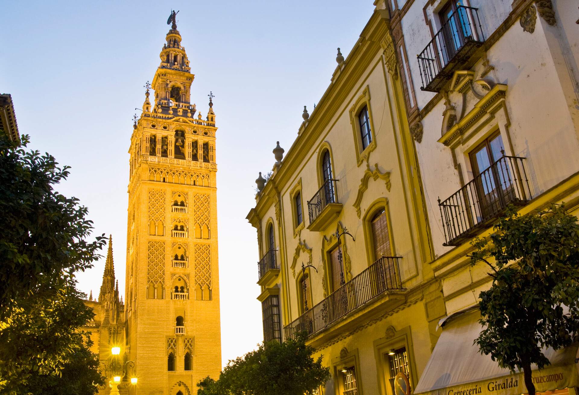 The Giralda is a former minaret that was converted to a bell tower for the Cathedral of Seville in Seville. The tower is 104.5 m (343 ft) in height and it was one of the most important symbols in the medieval city.