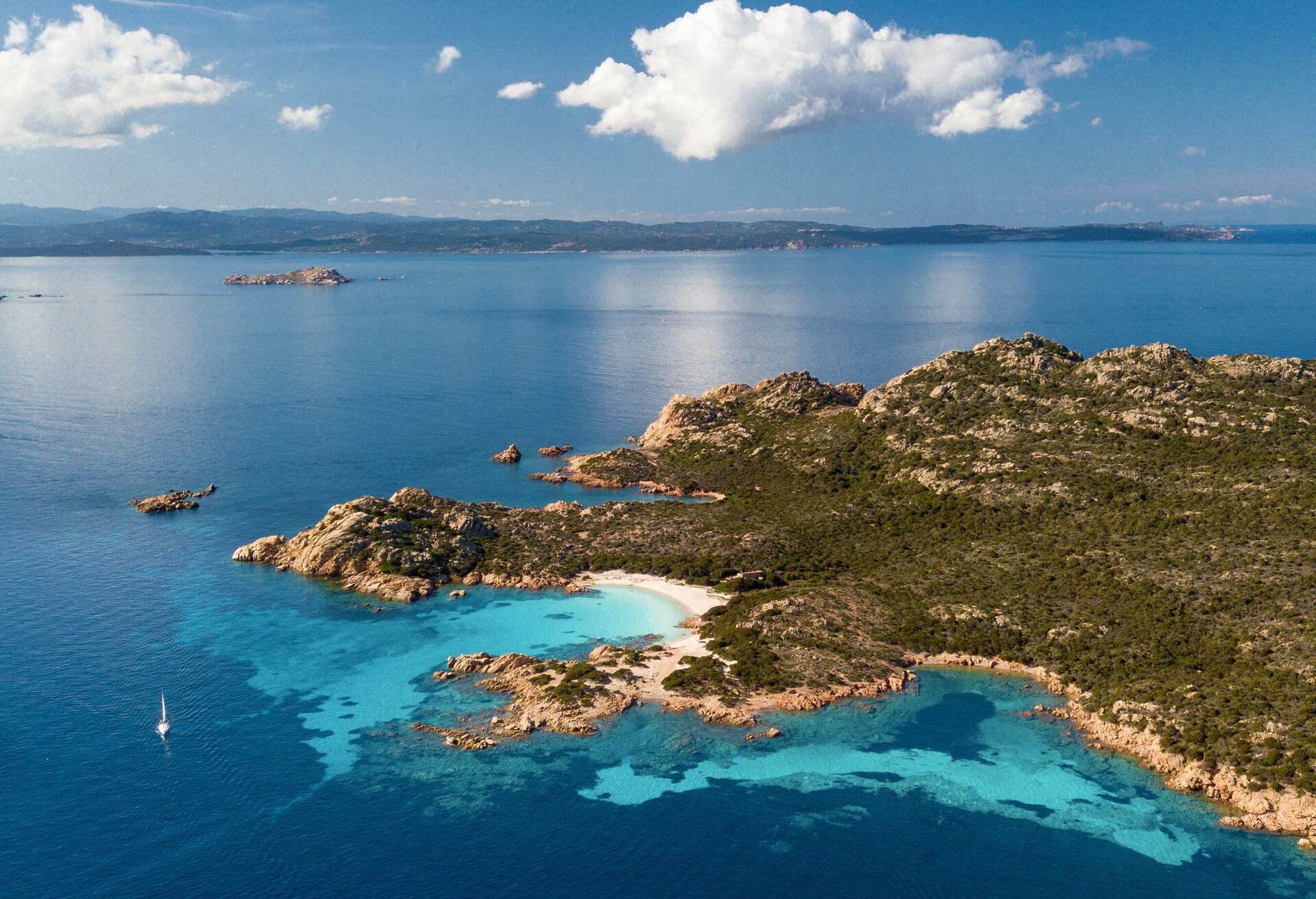 An aerial view of the Rosa beach, located on the island of Budelli in the archipelago of La Maddalena