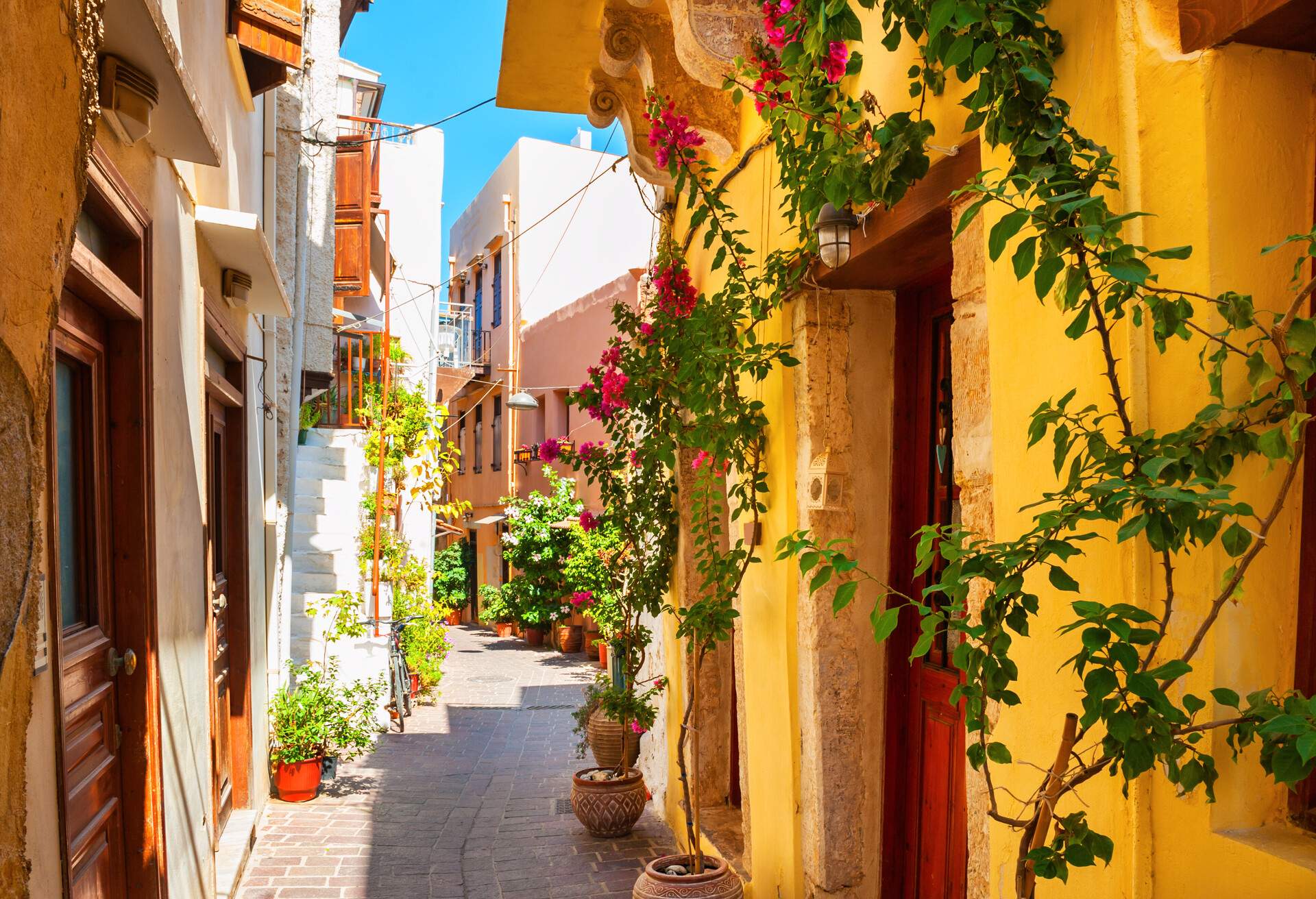 Beautiful street with colorful buildings in Chania, Crete island, Greece. Summer landscape