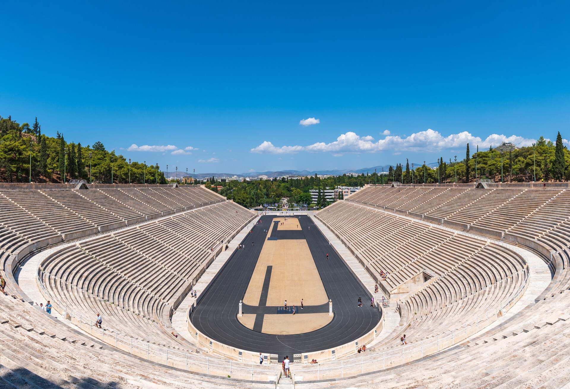 This is a photo of the Panathenaic stadium, the site of the first modern Olympic games which took place in 1896.It is the only stadium in the world built entirely from marble.