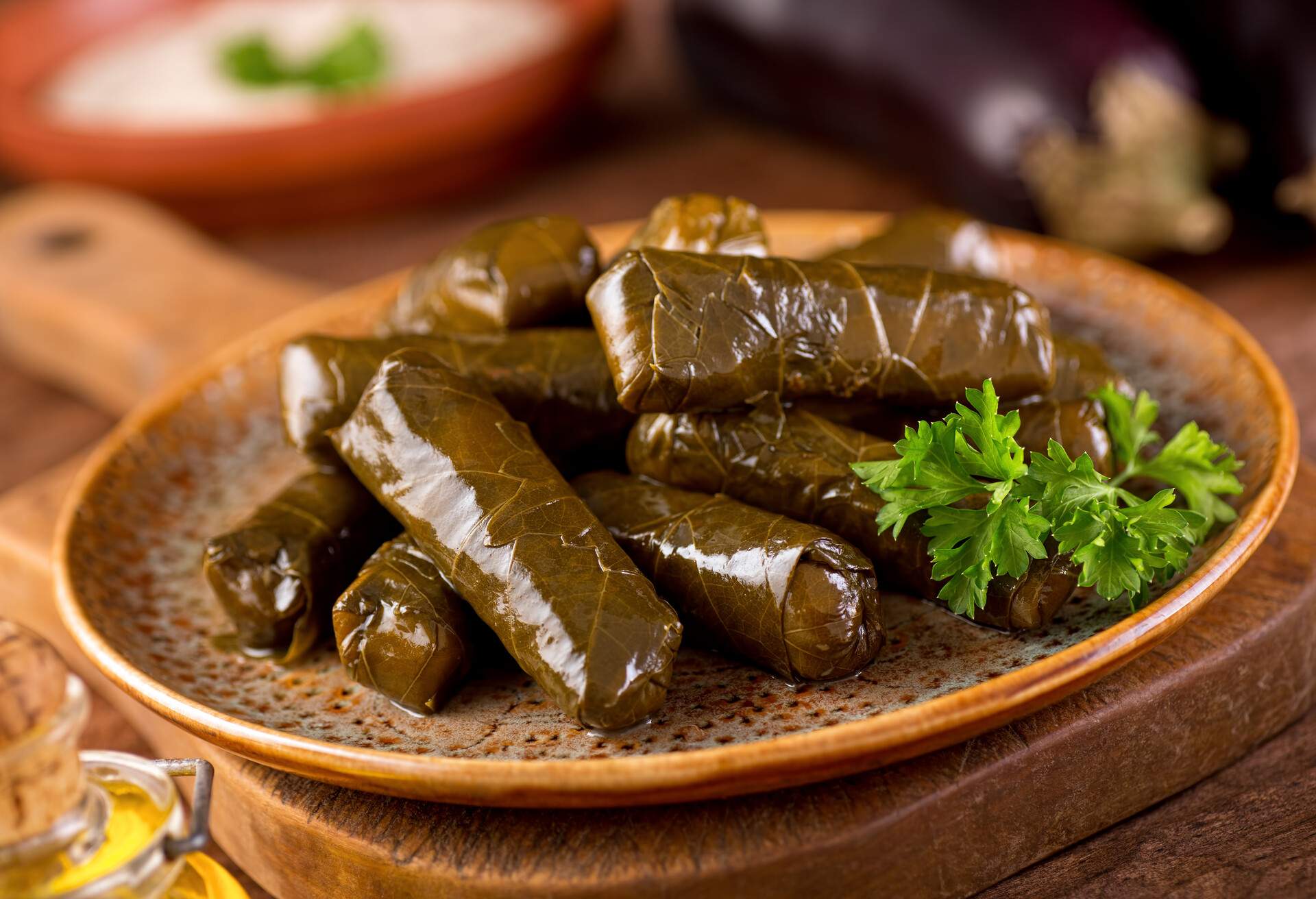 A plate of delicious stuffed grape leaves with parsley garnish.