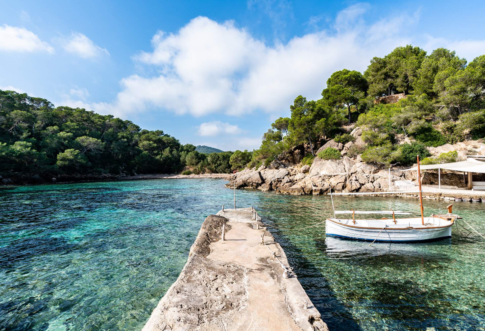 Cala Mastella beach in the east of Ibiza, Spain.