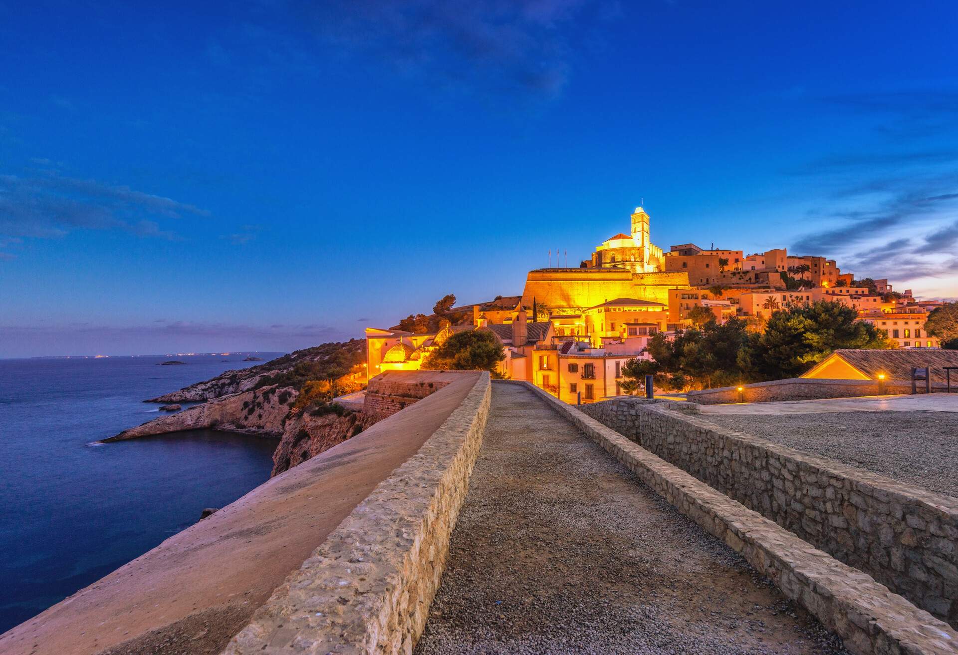 Way leading in beautiful Dalt Vila - Ibiza´s historic old town and its cathedral, Santa Maria d'Eivissa (14th century)