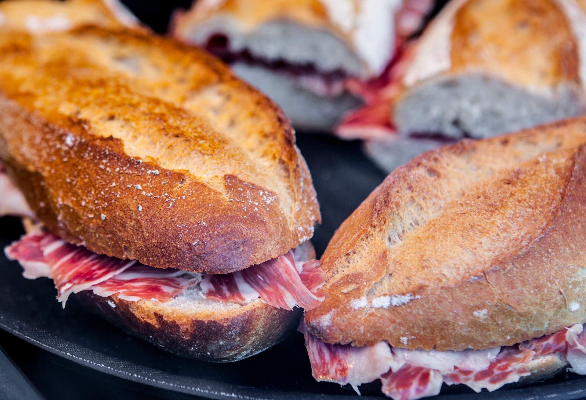 Closeup of a spanish bocadillos of cured ham or  ham serrano sandwich