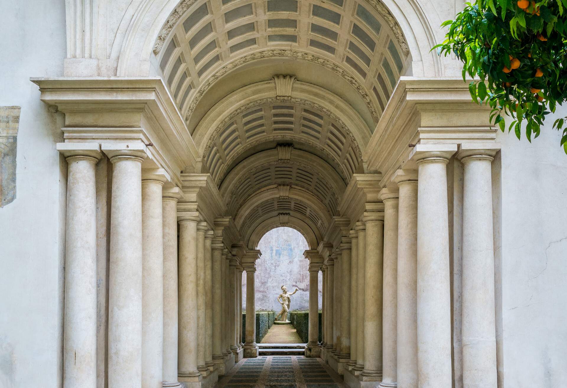 The forced perspective gallery by Francesco Borromini in Palazzo Spada, in Rome, Italy.