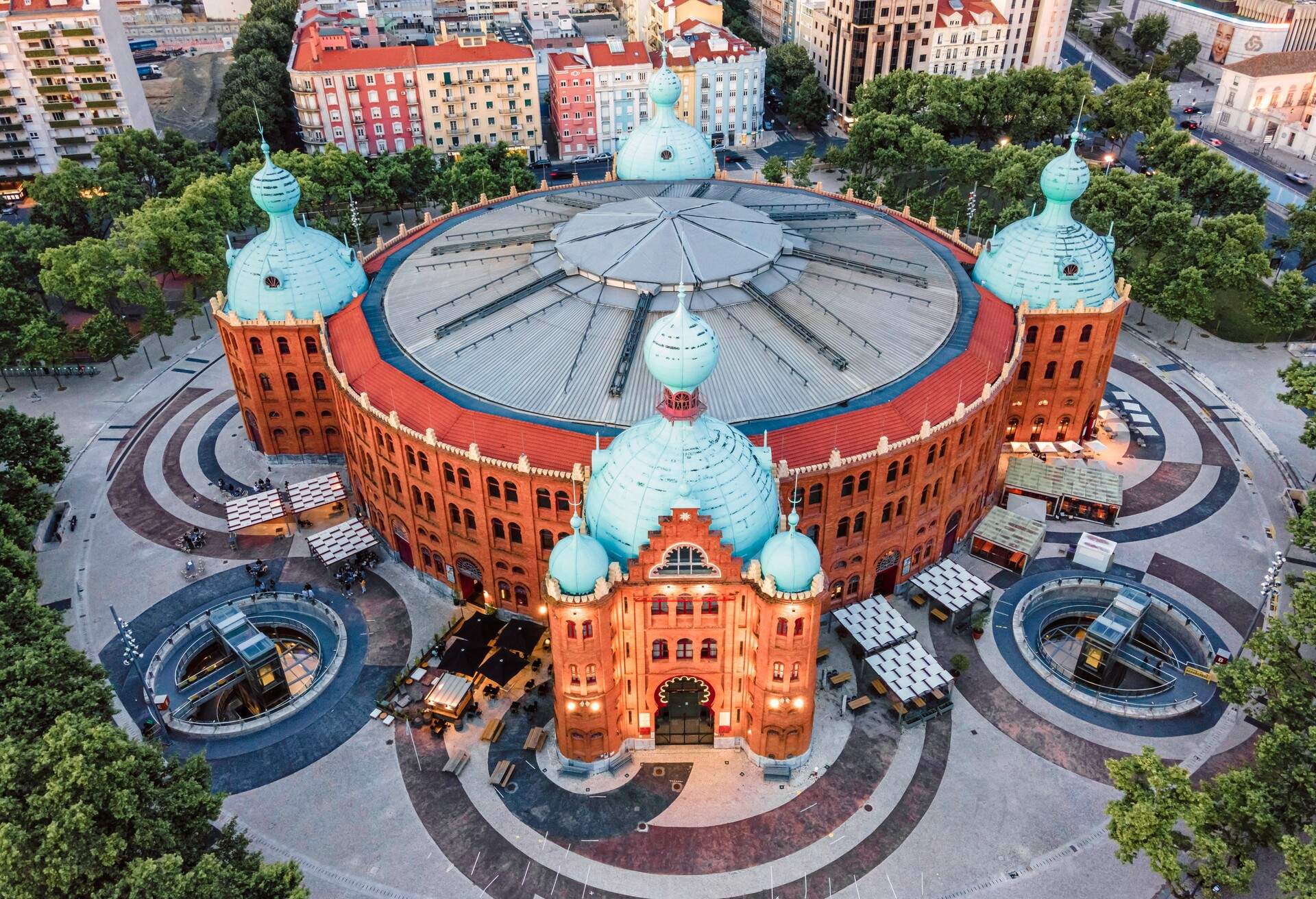 Aerial view of Campo Pequeno bullfight old building in Lisbon city center, Lisbon, Portugal.