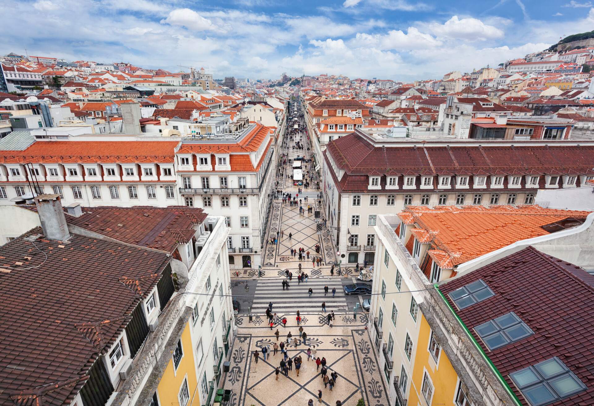 View over the central Baixa district and the pedestrian street Rua Augusta in Lisbon, Portugal.