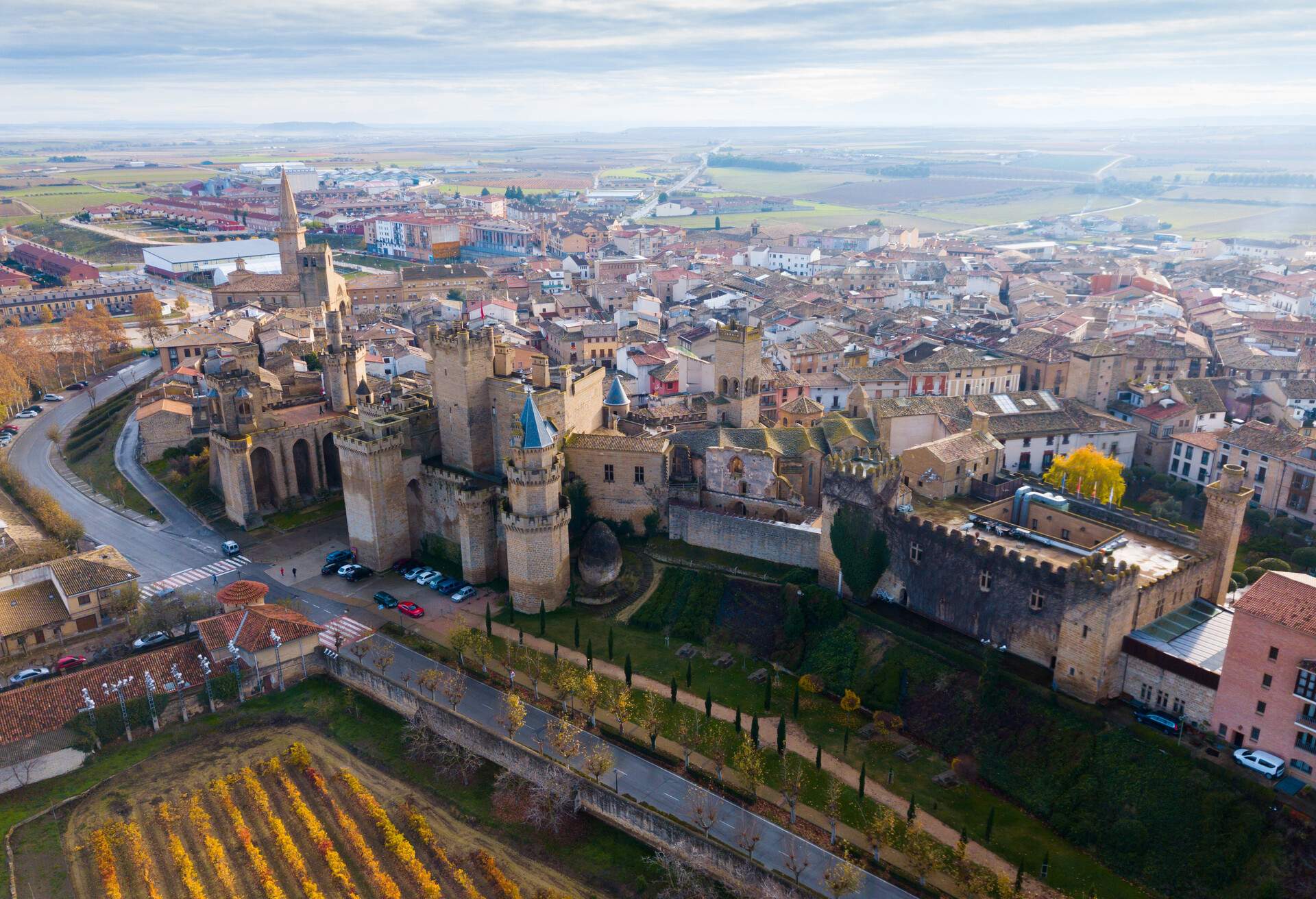 Aerial view of impressive medieval Royal Palace of Olite in autumn day, Navarre, Spain