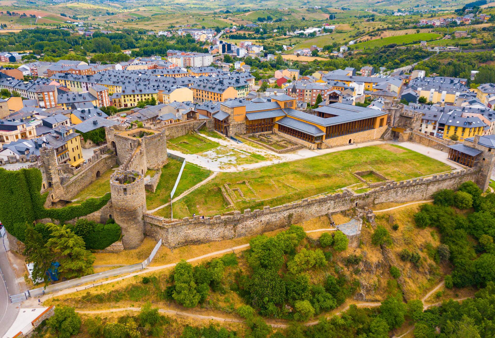 Aerial view of Ponferrada with Templar castle, province of Leon, Spain