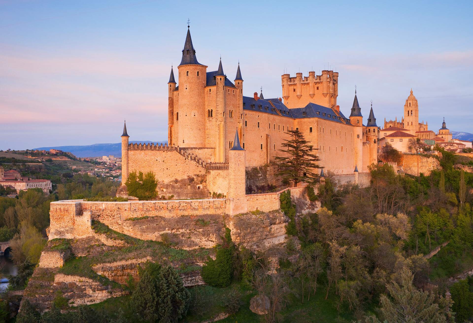 Segovia castle at dusk, Segovia, Castilla Y Leon, Spain. Segovia's old town is a UNESCO world heritage site.