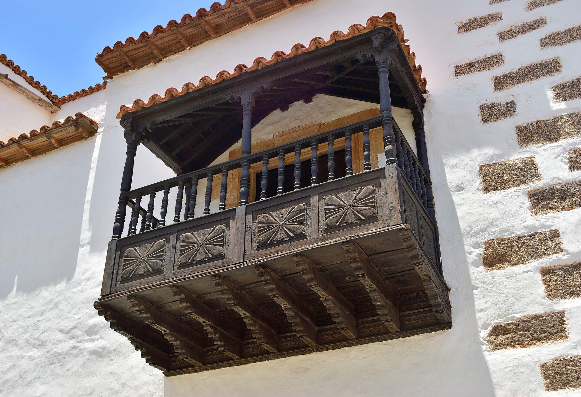 Wooden spanish balcony. Fuerteventura, Canary Islands, Spain