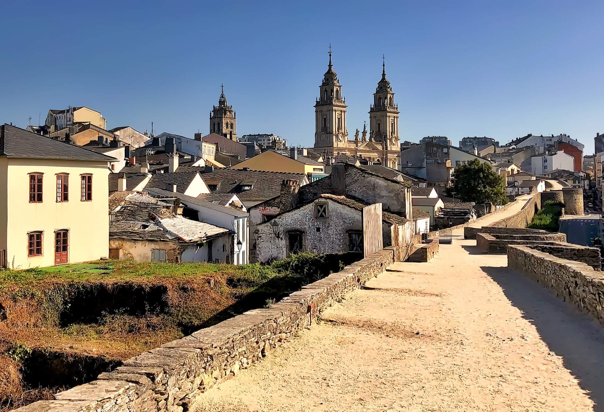 View of St Mary Cathedral in Lugo, Spain, seen from historic Roman walls.; Shutterstock ID 749418130