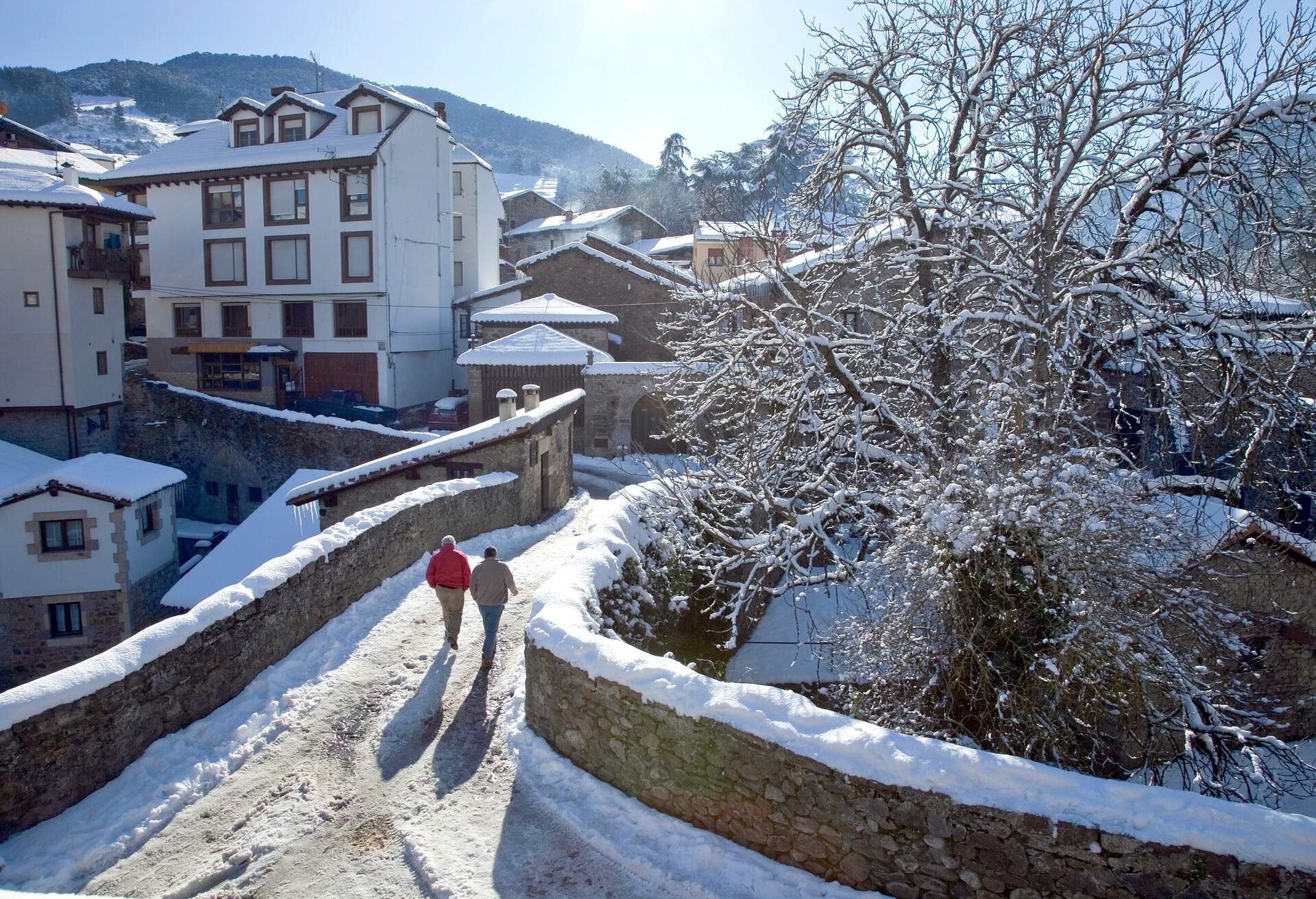 People crossing the old bridge in the town of Potes in the town of Liebana belonging to the Autonomous Community of Cantabria neighborhood close to the Picos de Europa, Spain.