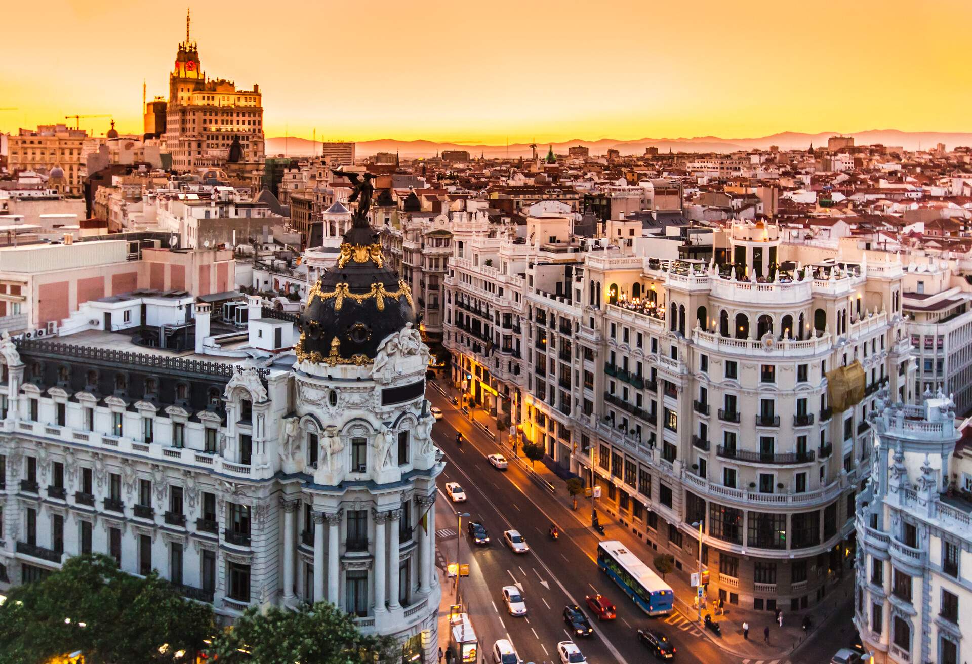 Panoramic aerial view of Gran Via, main shopping street in Madrid, capital of Spain, Europe.Panoramic aerial view of Gran Via, main shopping street in Madrid, capital of Spain, Europe.