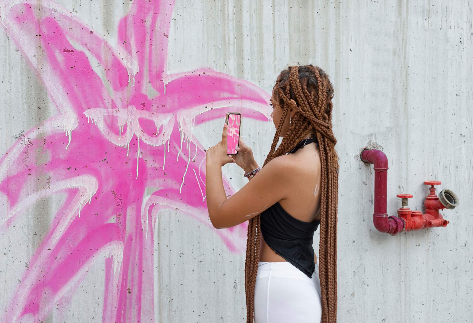 Mixed race young woman with braided hair taking a photo with mobile phone of the mural she is painting