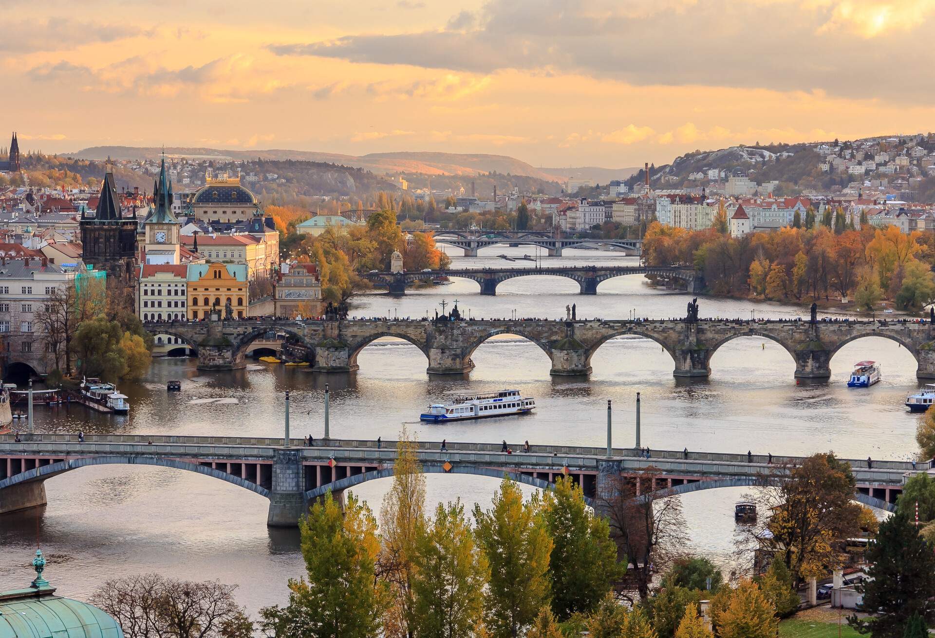 View of the bridges in Prague. 