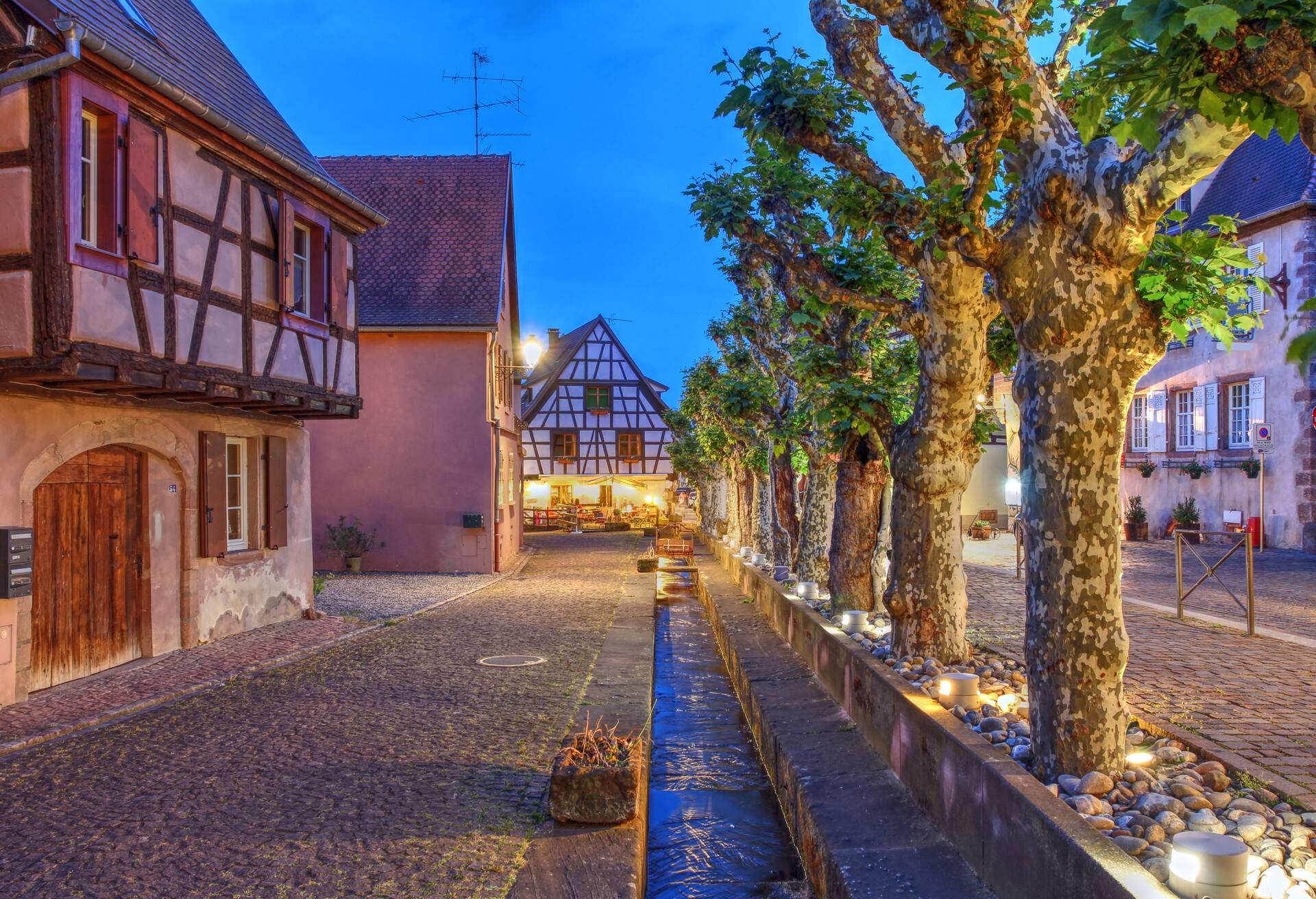 Night scene in Bergheim, a well preserved medieval town in Alsace, France