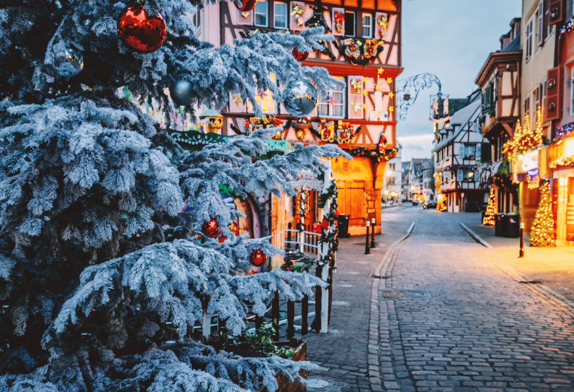 Old town decorate magical like a fairy tale in Noel festive season with detail of Christmas tree with red ball ornates at early morning time in Colmar, Alsace, France.