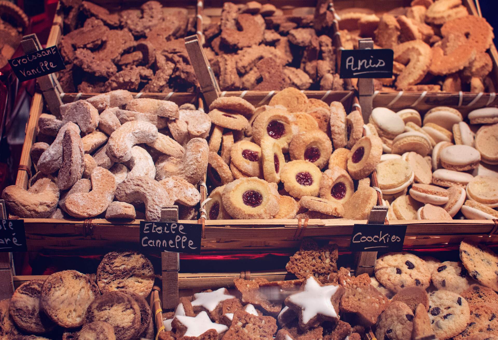 Plätzchen - Typical Alsatian Christmas cookies in a Christmas market, Colmar, Alsace, France