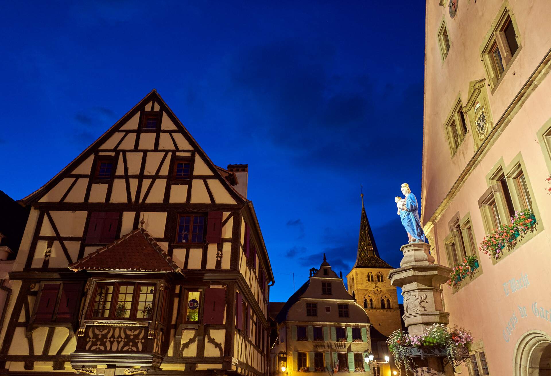 France, Alsace, Turckheim, 15.06.2017, Night view towards the town hall and the church of St-Anne