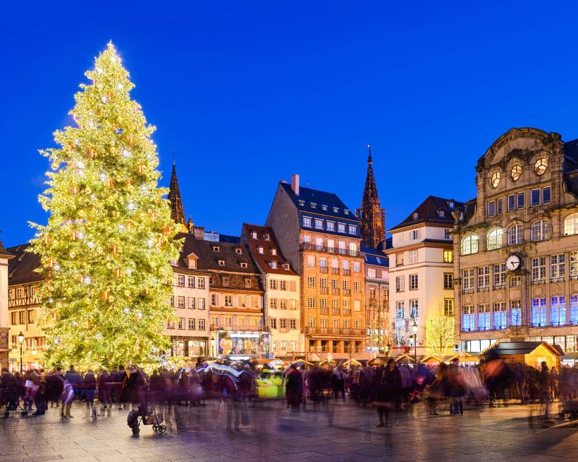 Christmas market in Strasbourg, France at night
