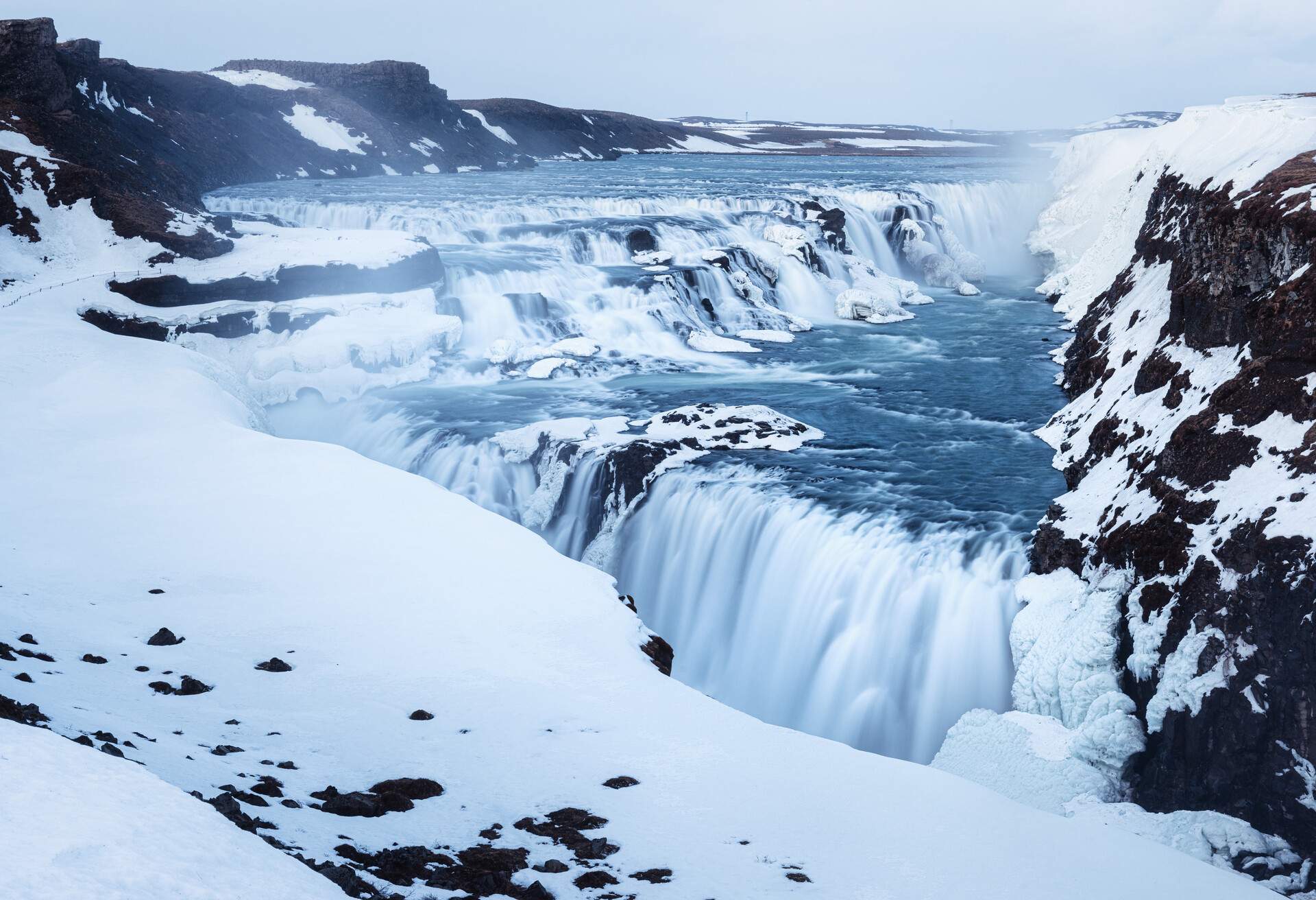 Dramatic Gullfoss Waterfall in Winter, Iceland.