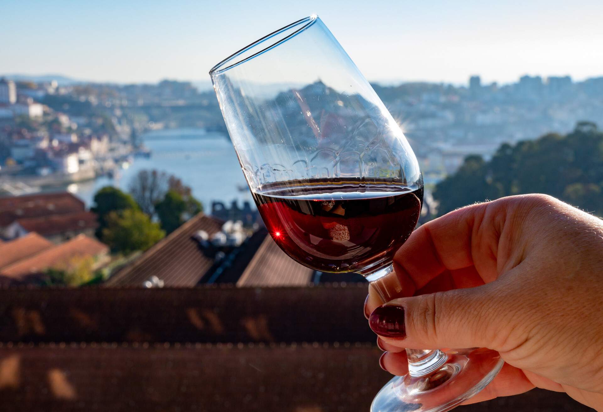 Tasting of different fortified dessert ruby, tawny port wines in glasses with view on Douro river, porto lodges of Vila Nova de Gaia and city of Porto, Portugal, close up