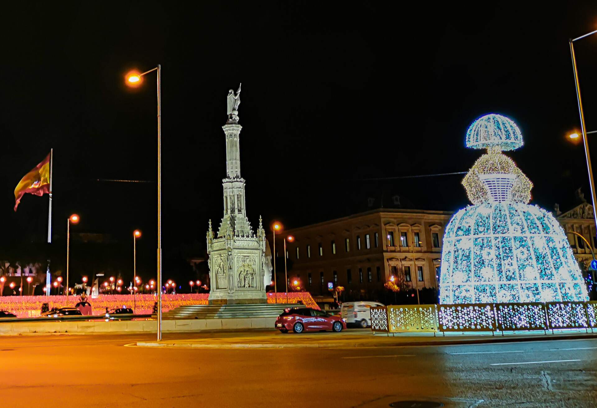 Christmas lights and luminous Menina in the Plaza de Colon in Madrid