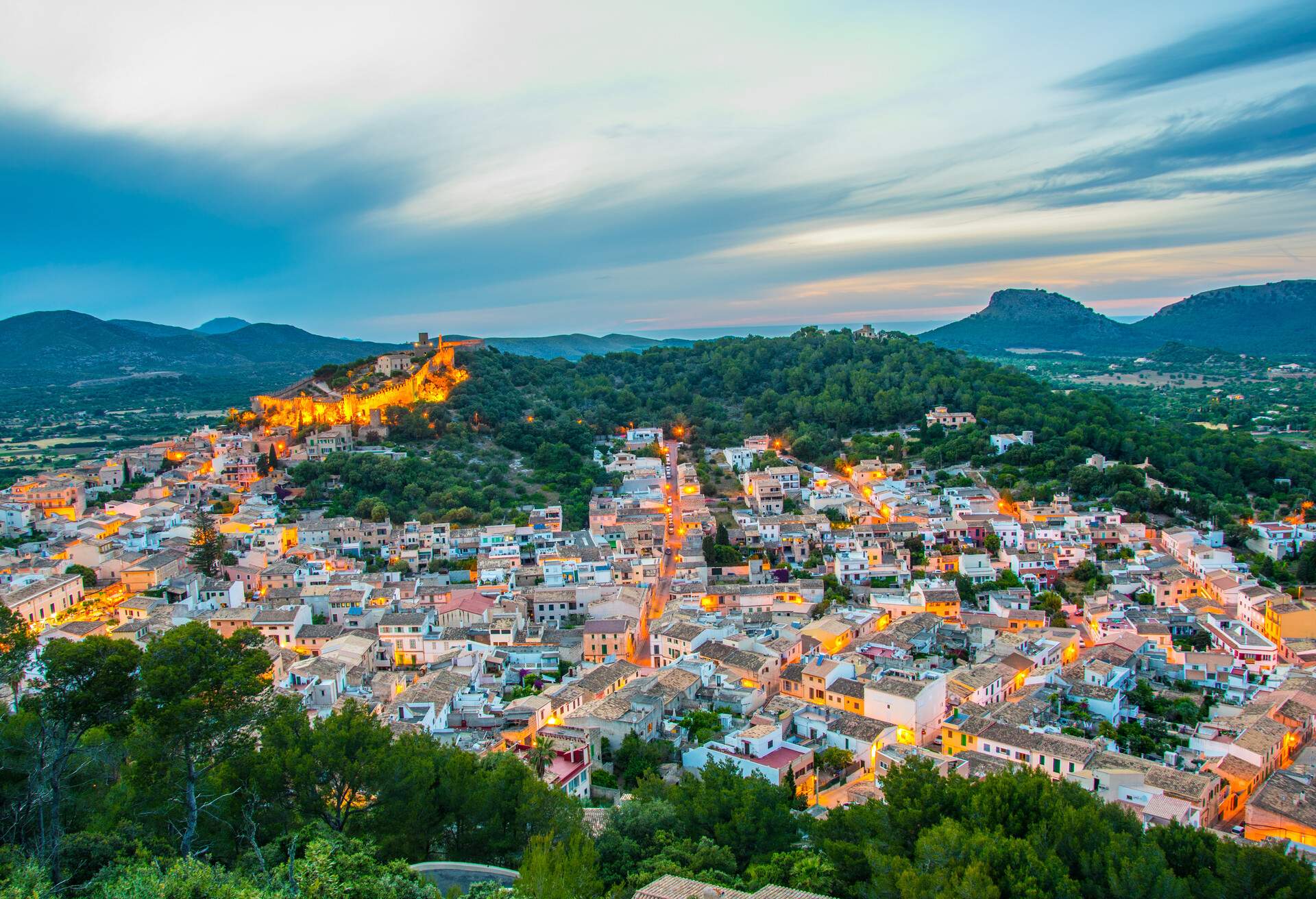 Night aerial view of Capdepera town, Mallorca, Spain