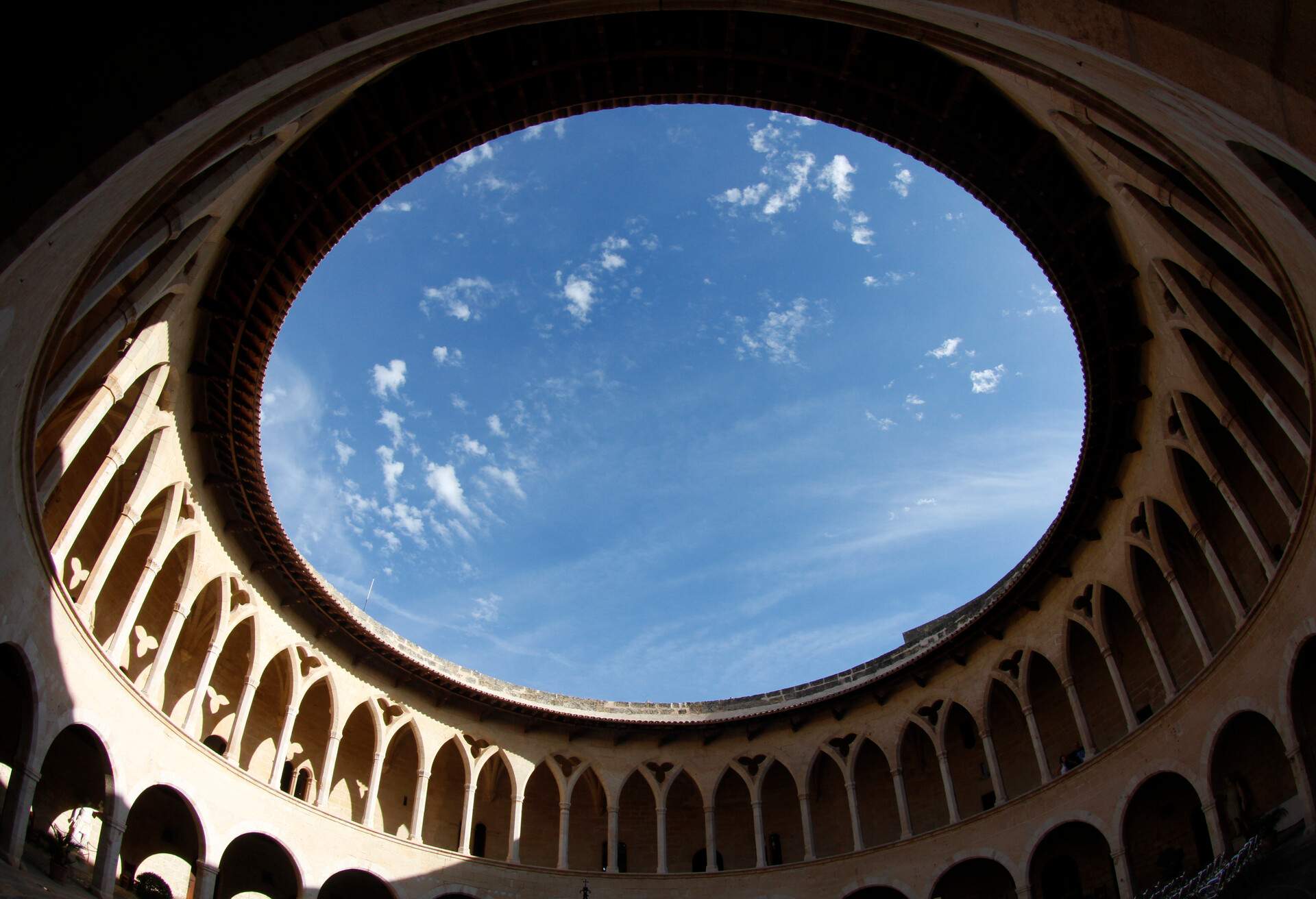 View from the inner courtyard of the medieval castle of Bellver, on the island of Mallorca, Spain