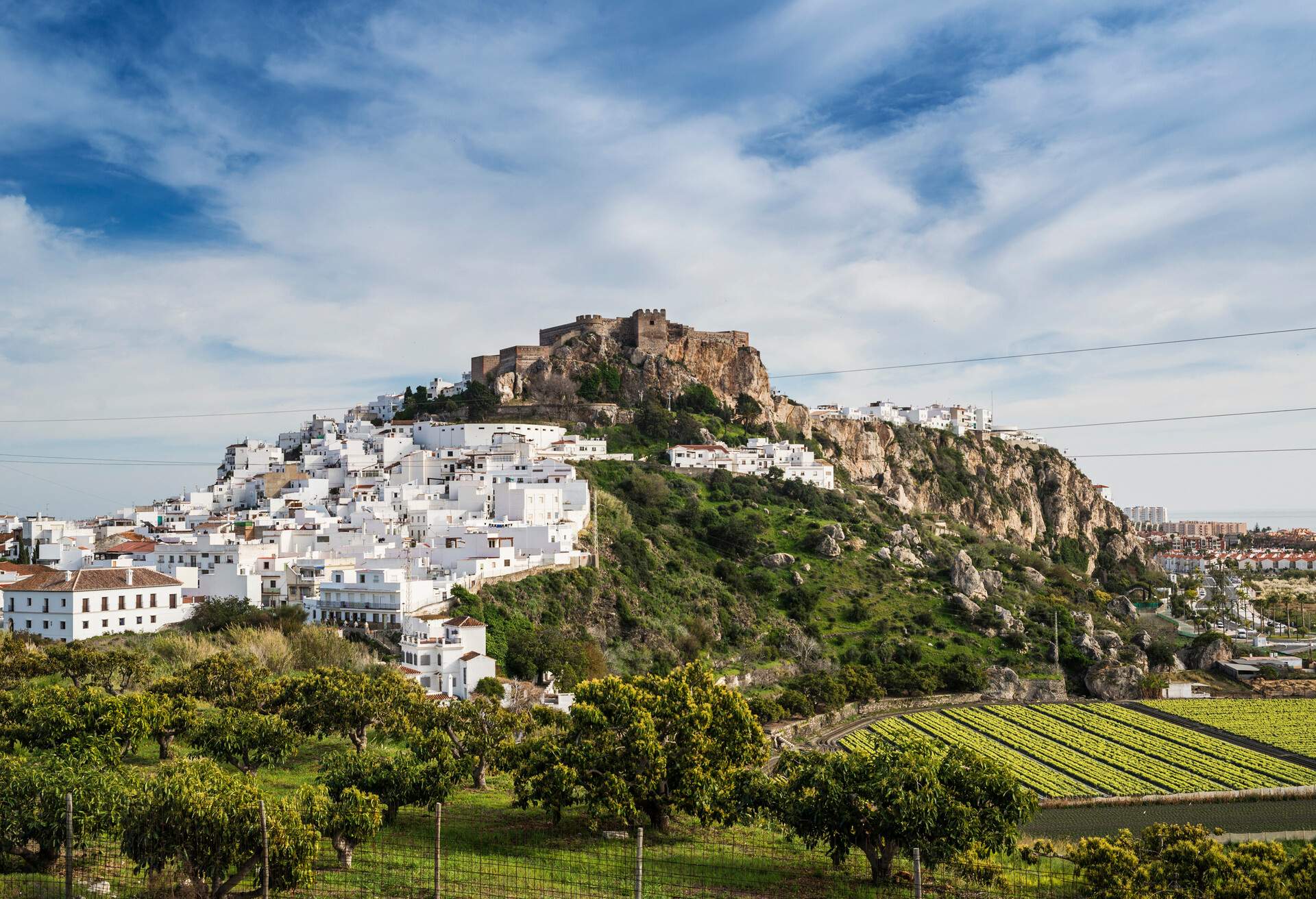 Panoramic view of Salobrena with the typical andalusia white houses and its medieval castle on a tophill