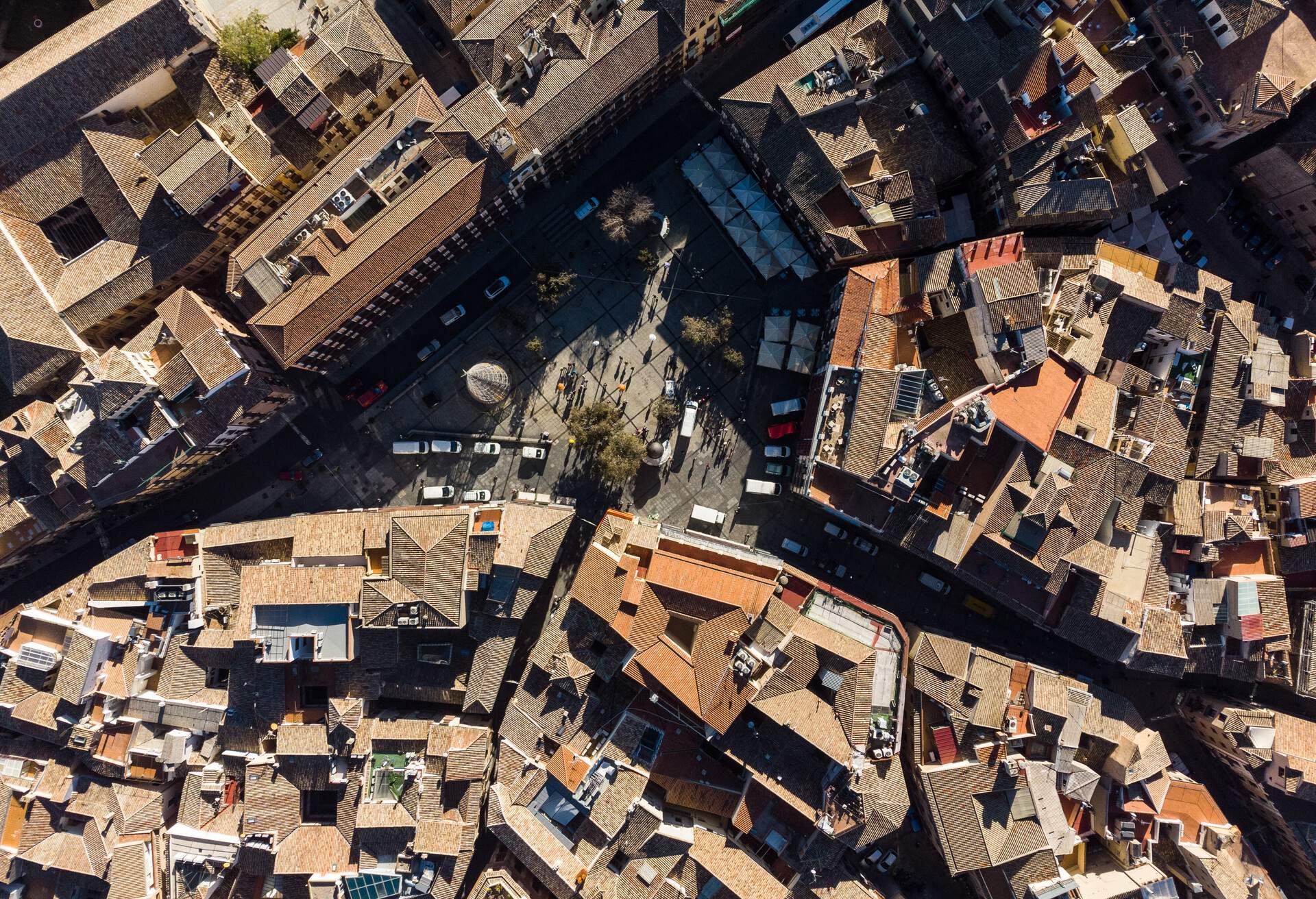 Top down view of the Zocodover square in the heart of Toledo old town in Spain