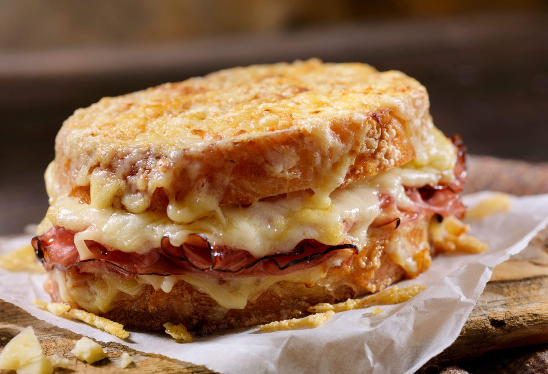 Croque Monsieur, Grilled Cheese Sandwich with Black Forest Ham, Gruyere and Bechamel Sauce