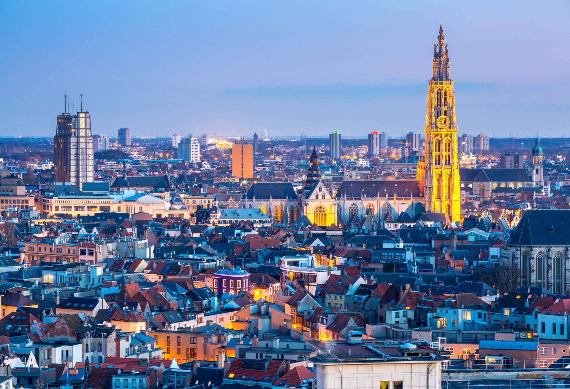 Antwerp cityscape with cathedral of Our Lady, Antwerpen Belgium at dusk