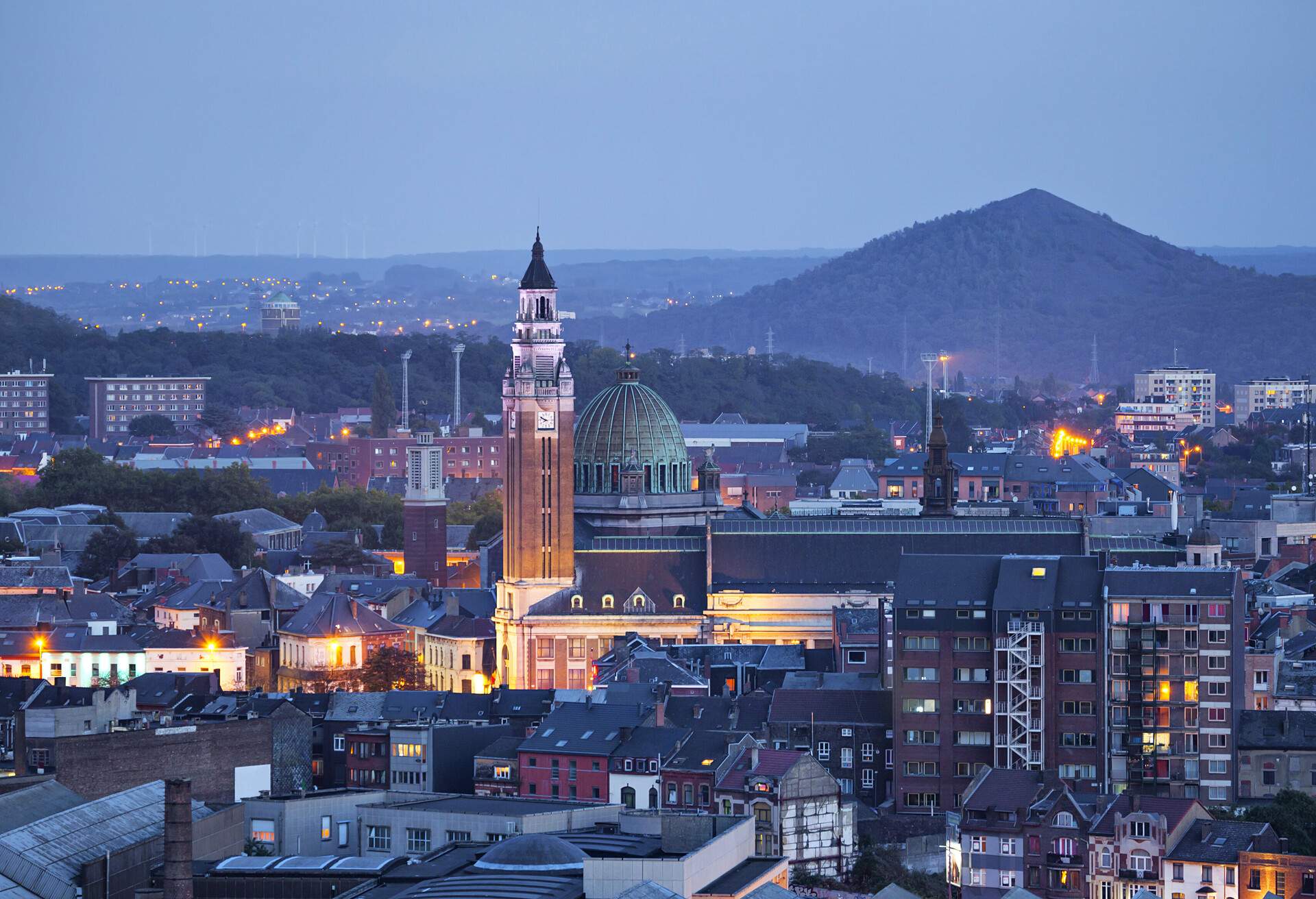 Aerial view on the centre of Charleroi in the evening