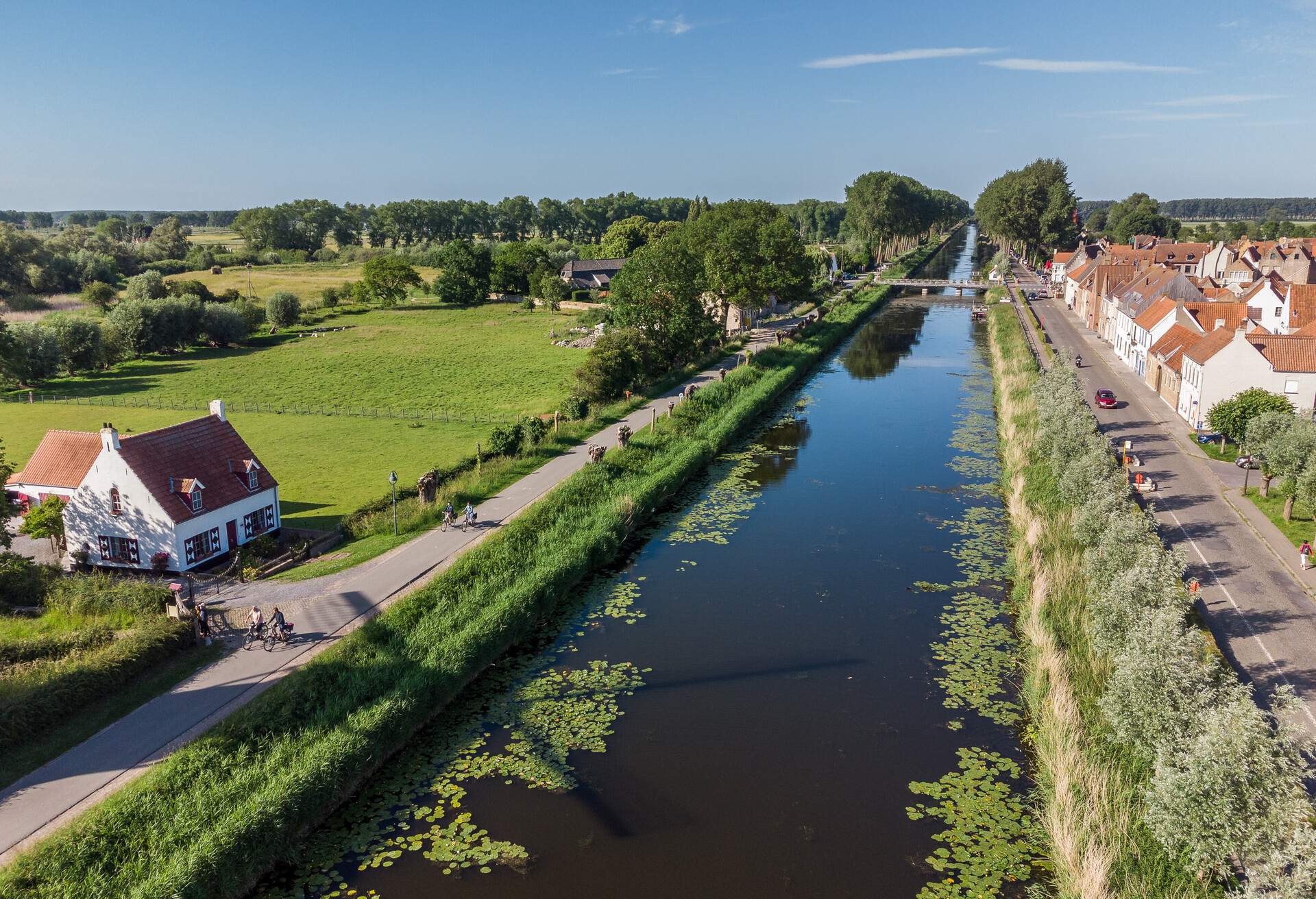 Aerial view of Damse Vaart canal, Damme, Bruges, West Flanders, Flemish Region, Belgium