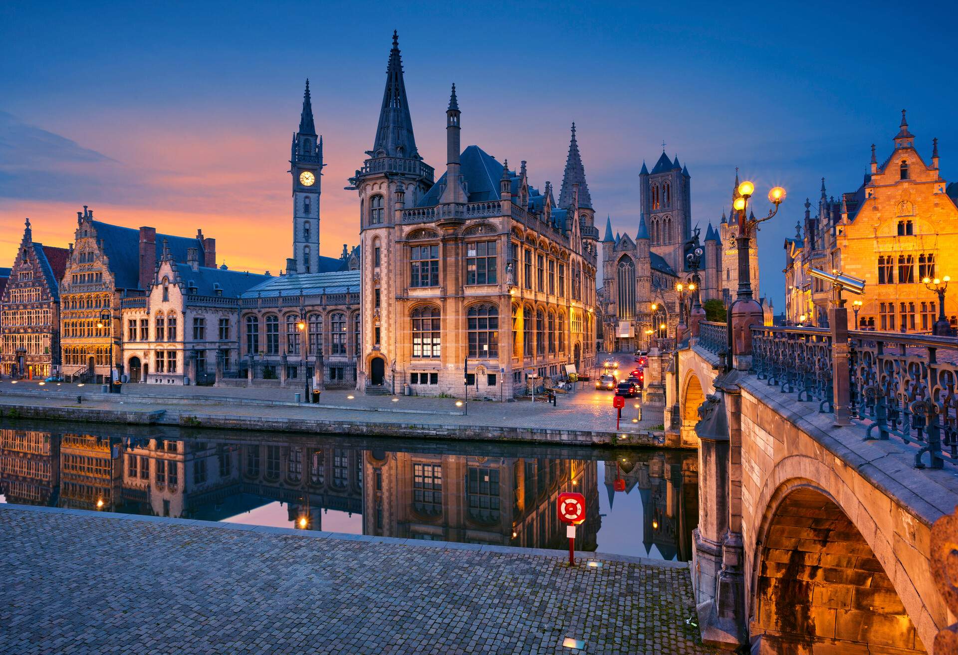 Image of Ghent, Belgium during twilight blue hour.