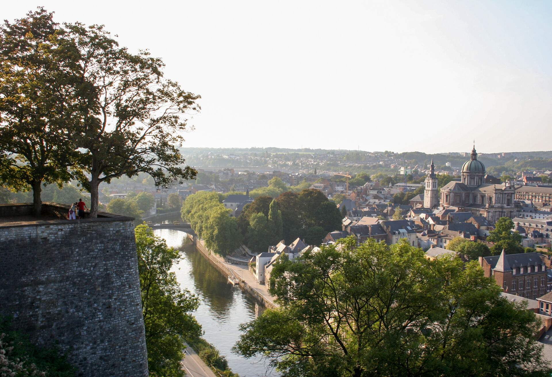 Namur city alongside the Meuse River from the Citadel, Namur Province, Wallonia, Belgium