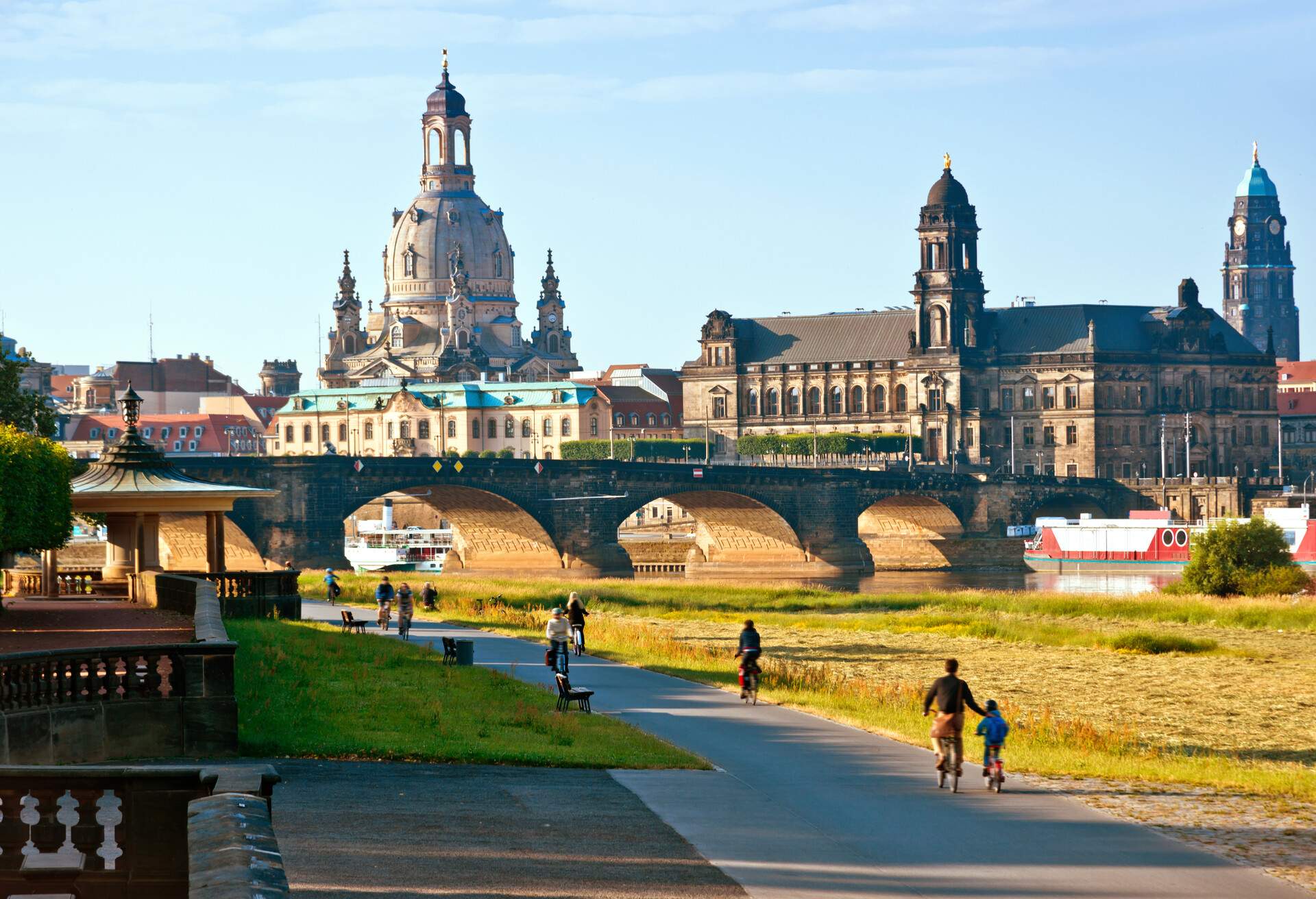 Dresden Skyline with Frauenkirche and River Elbe. GERMANY