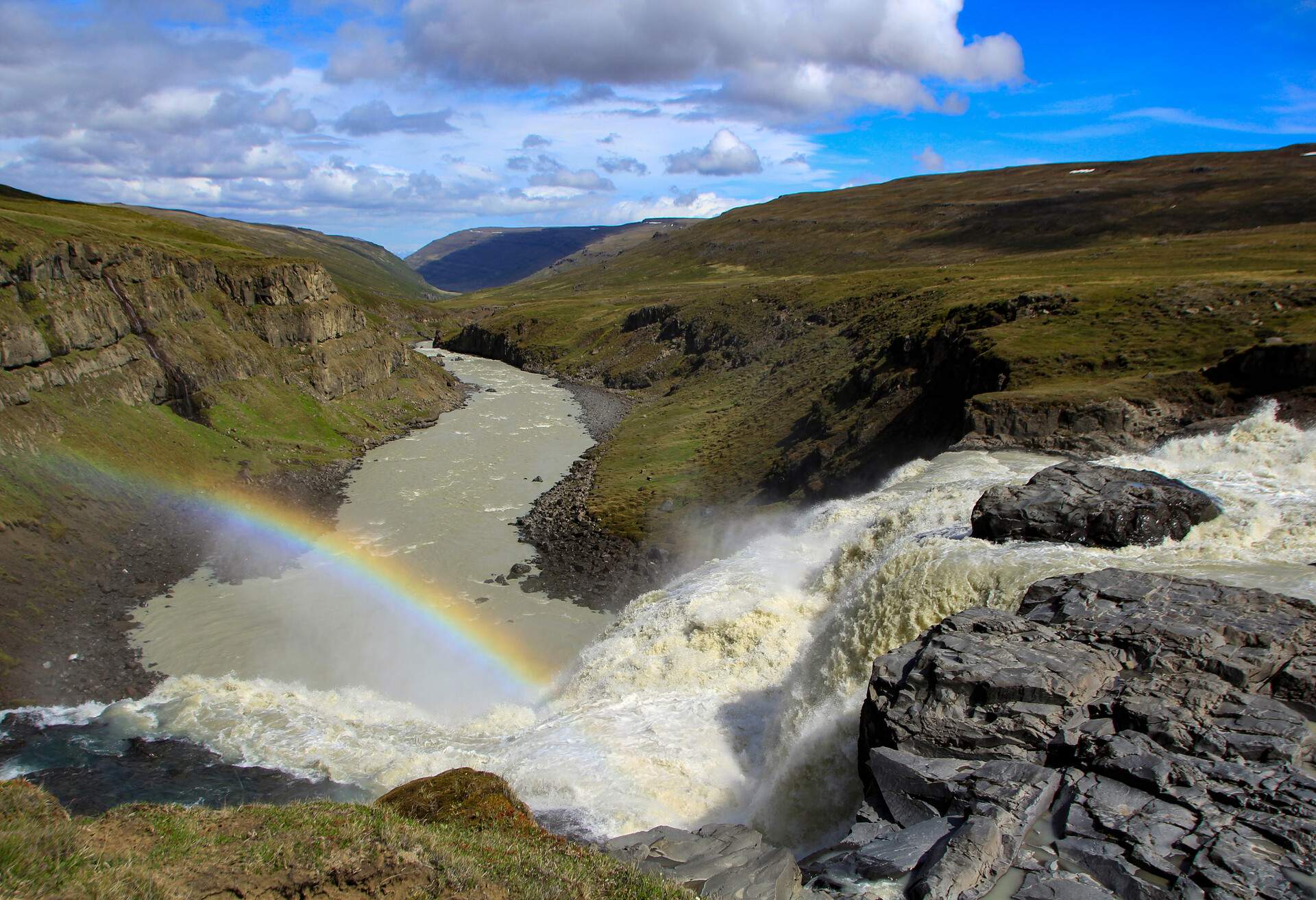 Faxi waterfall with rainbow, Laugarfellsvegur Waterfall Circle Hike, Laugarfell, Iceland