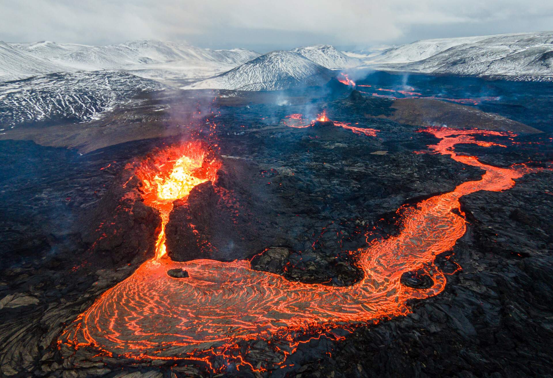 Lava Flows on active volcano aerial view, Mount Fagradalsfjall, Iceland