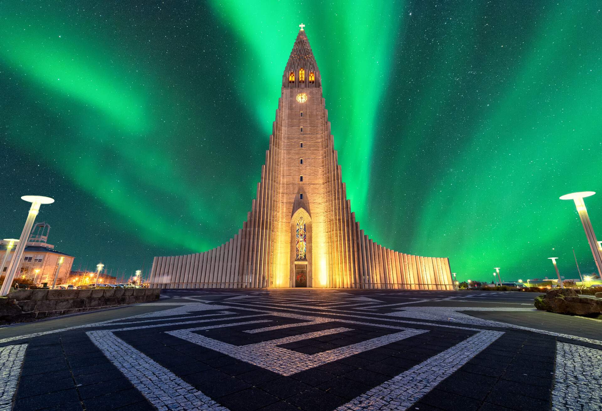 aurora borealis above hallgrimskirkja church in central of reykjavik city capital city in Iceland 