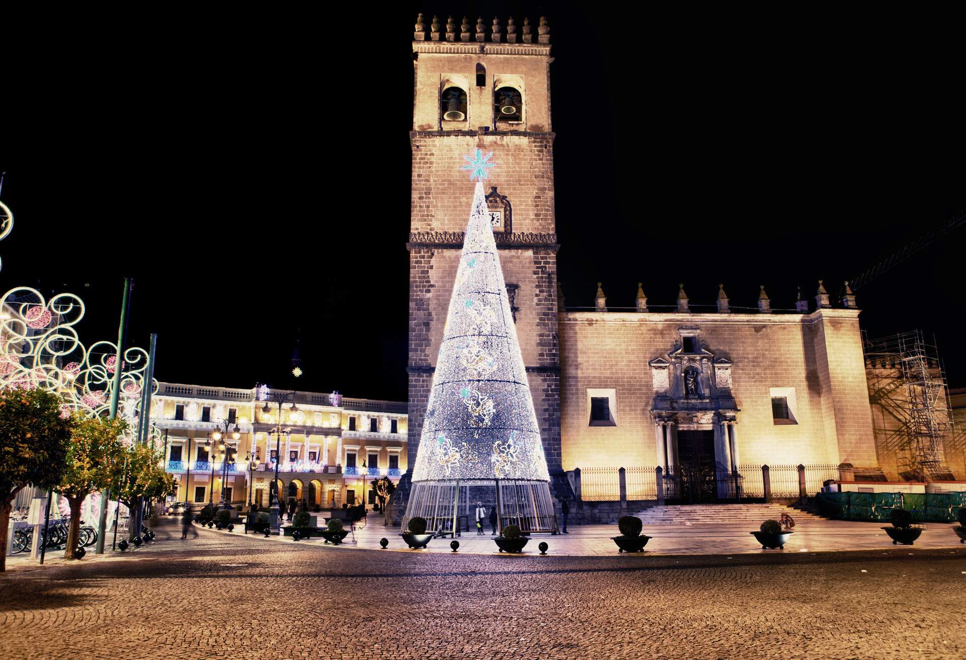 Cathedral square with christmas led light tree, Badajoz, Spain