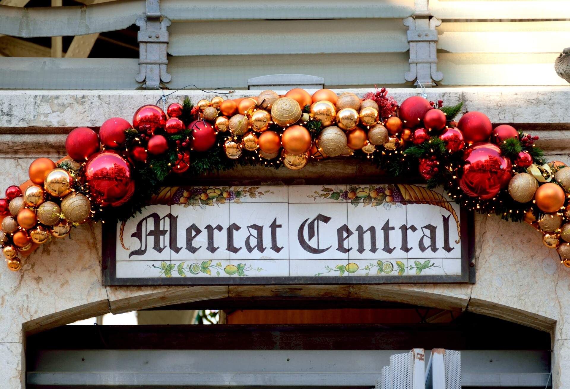 Door of the Central Market of Valencia decorated with Christmas decorations