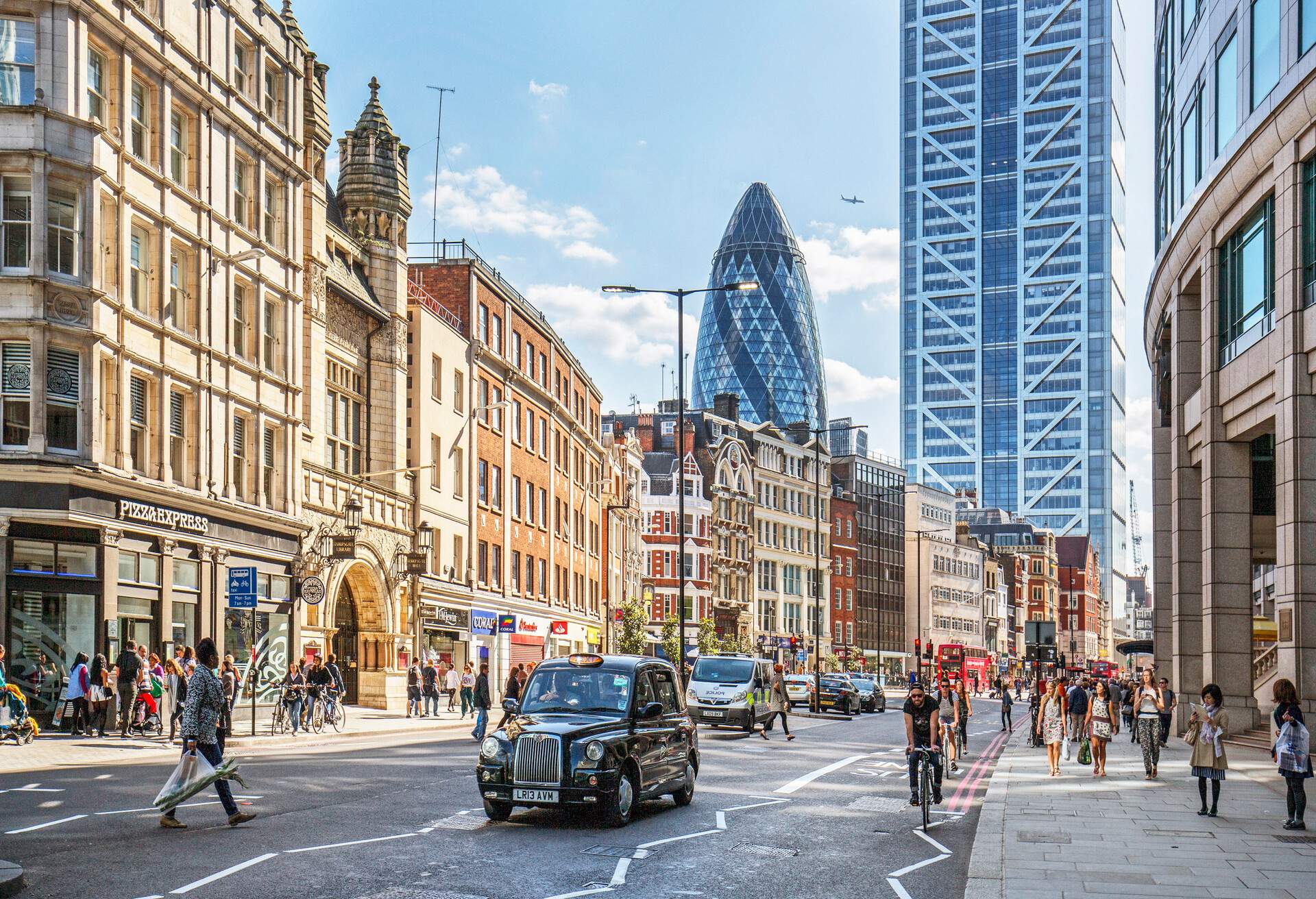 View of Bishopsgate street at the financial district of London.