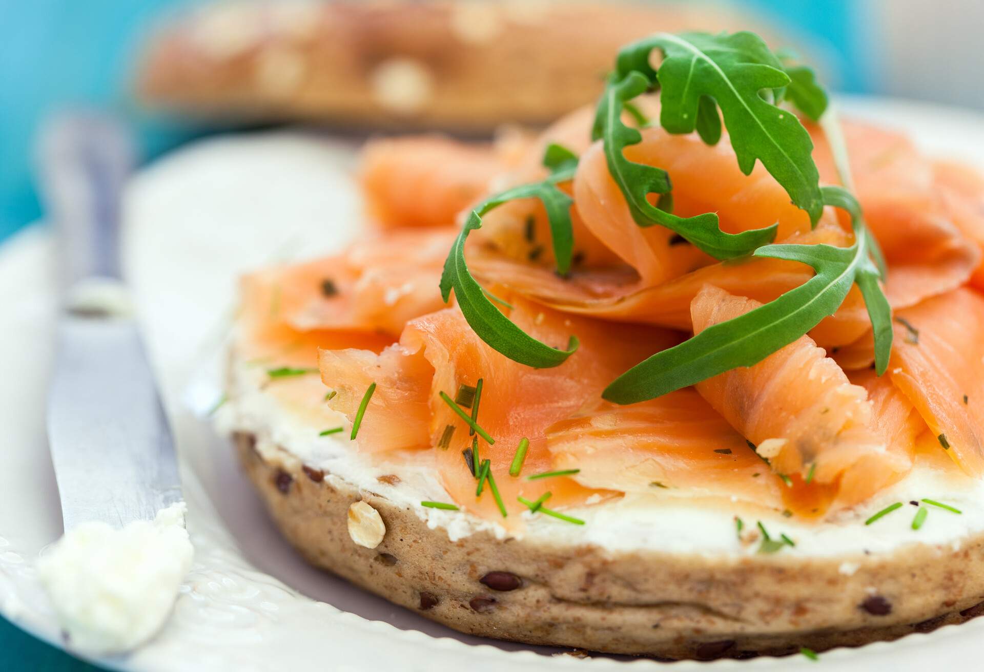 Smoked Salmon with cream cheese on a bagel