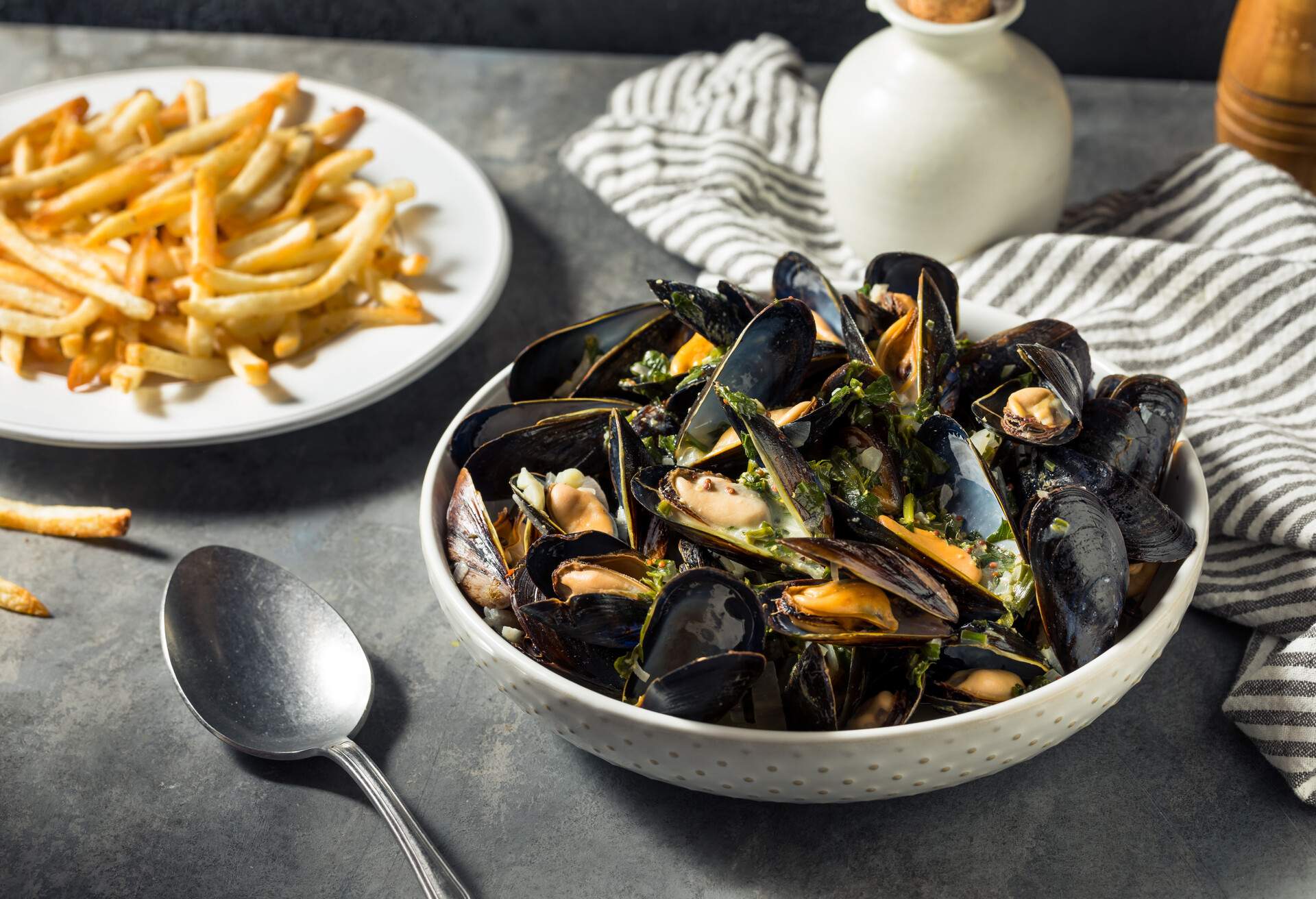 Homemade Moules Frites Mussels and Fries with a White Wine Sauce