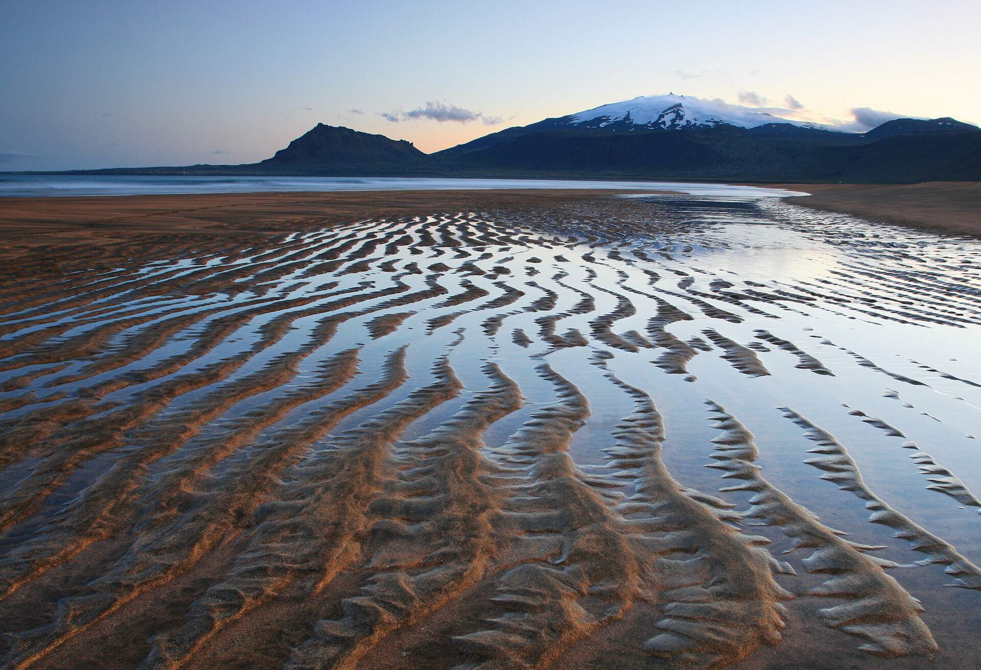 Sandy beach near Snæfellsjökull Volcano, Iceland.The inactive volcano has been dormant for thousands of years.