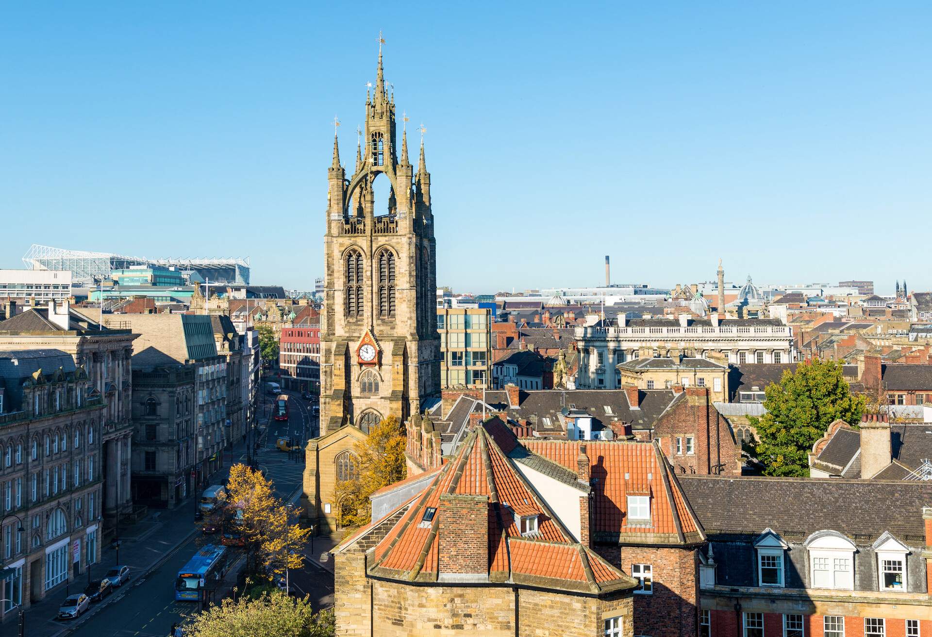 The Cathedral Church of St. Nicholas viewed from Newcastle Castle in Newcastle Upon Tyne, England, UK.